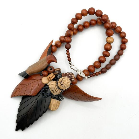 Carved Wood Hummingbird Statement Necklace Vtg Chunky Boho 1970s Beaded Handmade - Picture 6 of 13